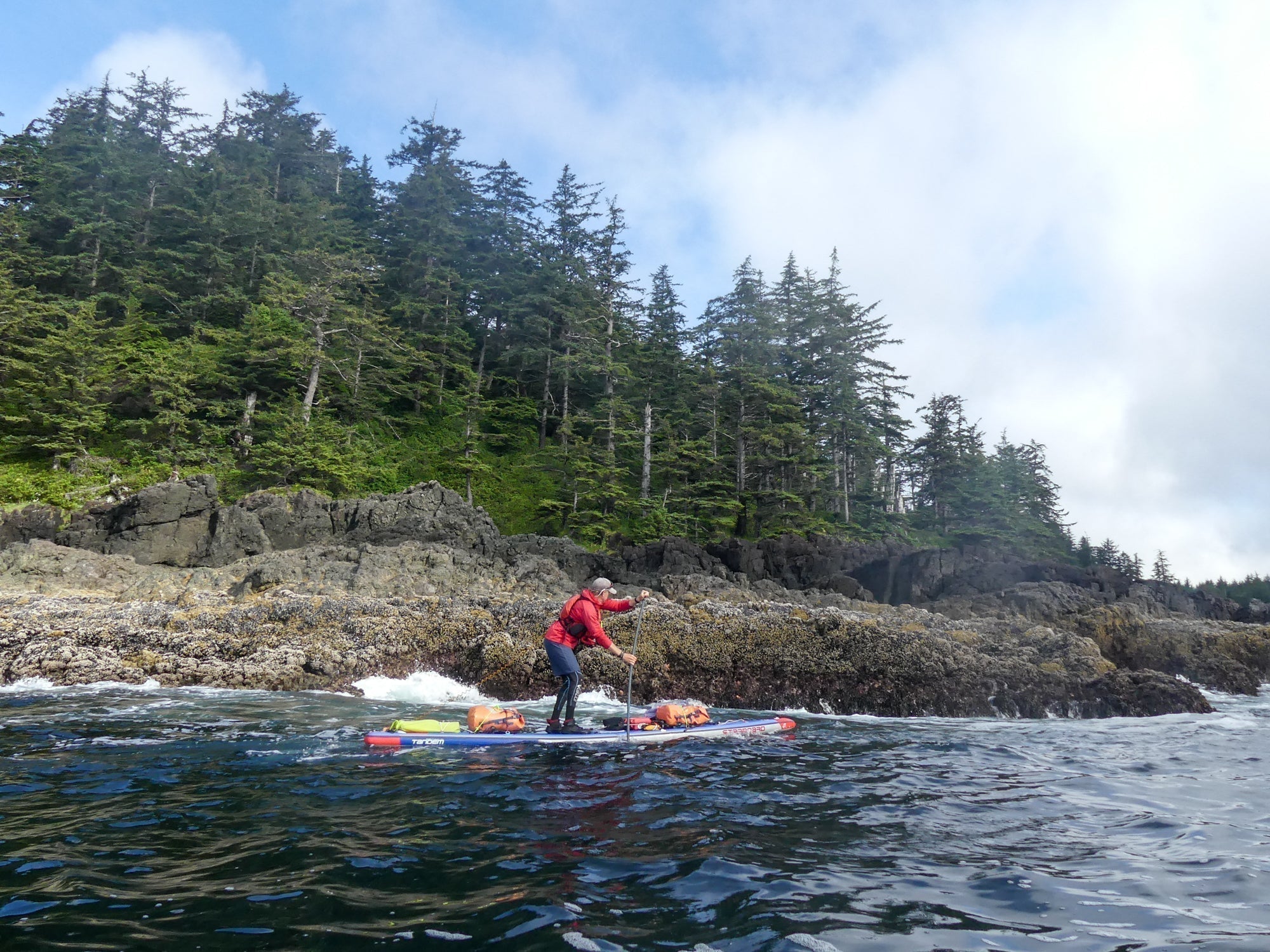A man paddles a loaded stand-up paddleboard in rough coastal waters near a rocky, pine-tree-lined shoreline.