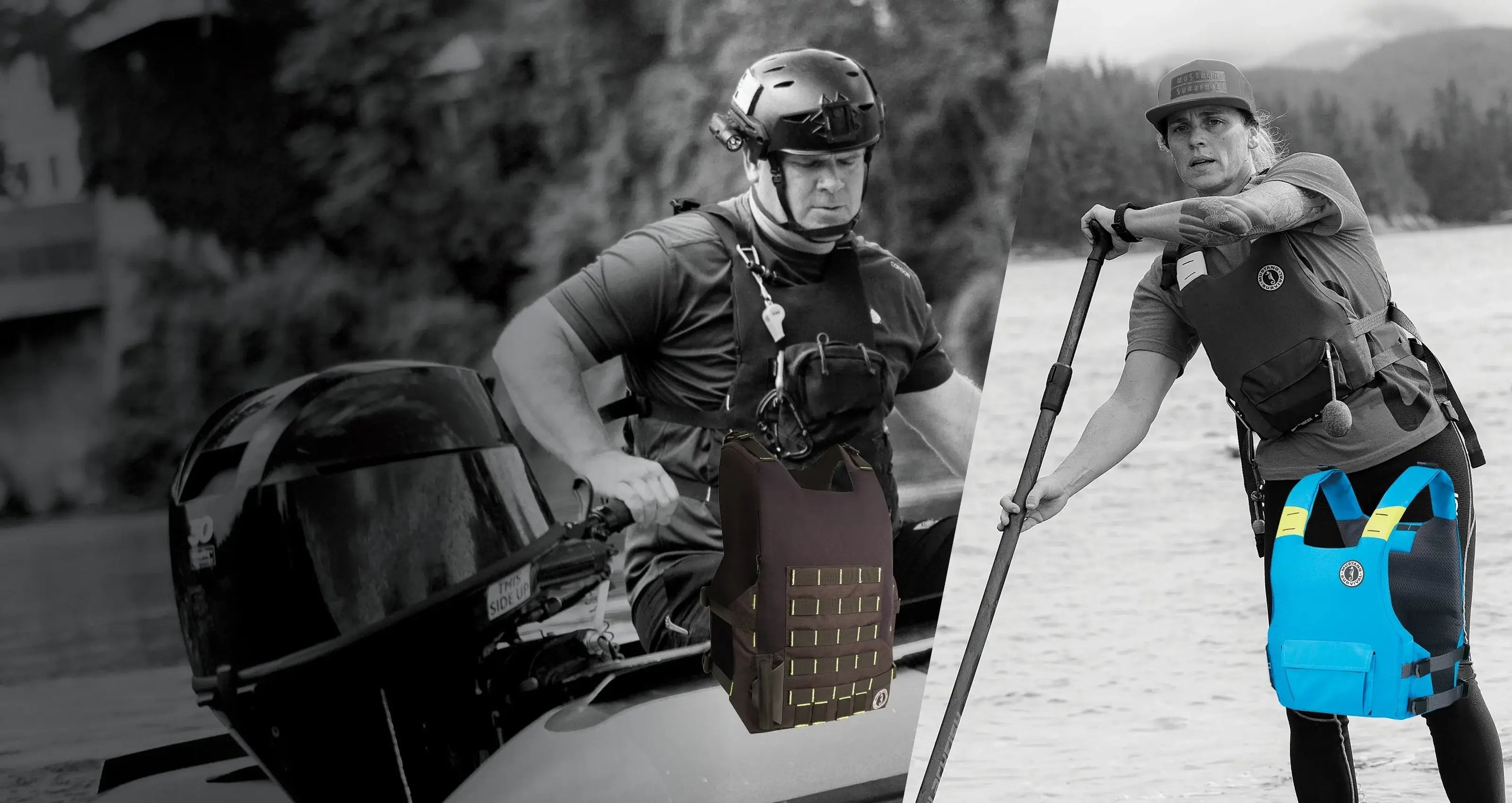 A split graphic contrasts a black tactical rescue vest with a vibrant blue recreational PFD worn by a paddleboarder.