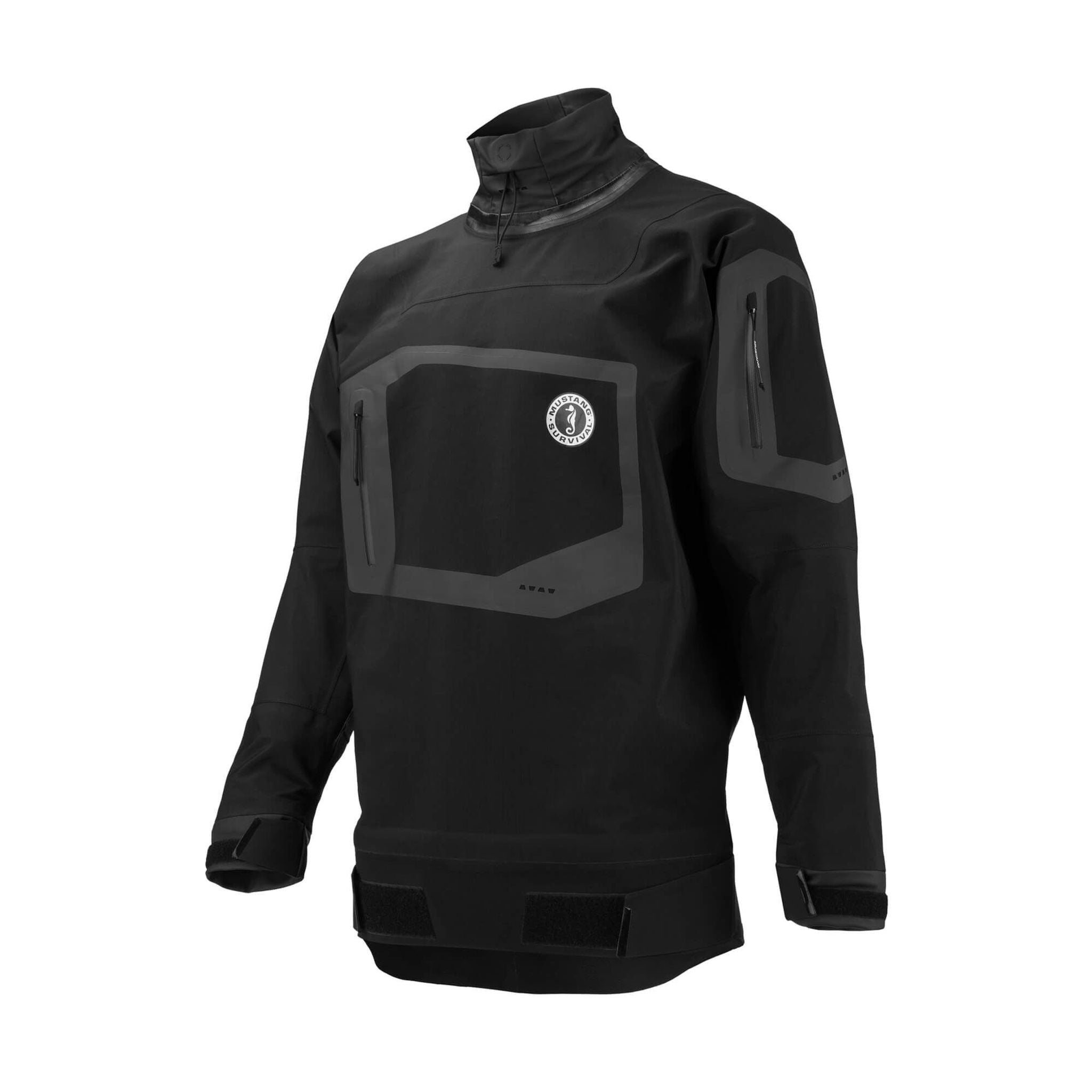 Studio shot of a black Mustang Survival EP 6.5 Ocean Racing Spray Smock, featuring technical gray taped seams, a high collar, zipper utility pockets, and adjustable wrist cuffs.