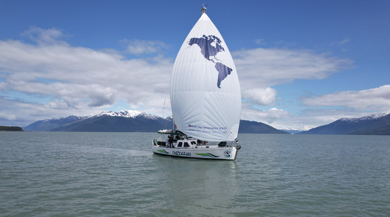One Island One Ocean sailing vessel that functions as a mobile research station with instruments mounted on the mast and hull. 