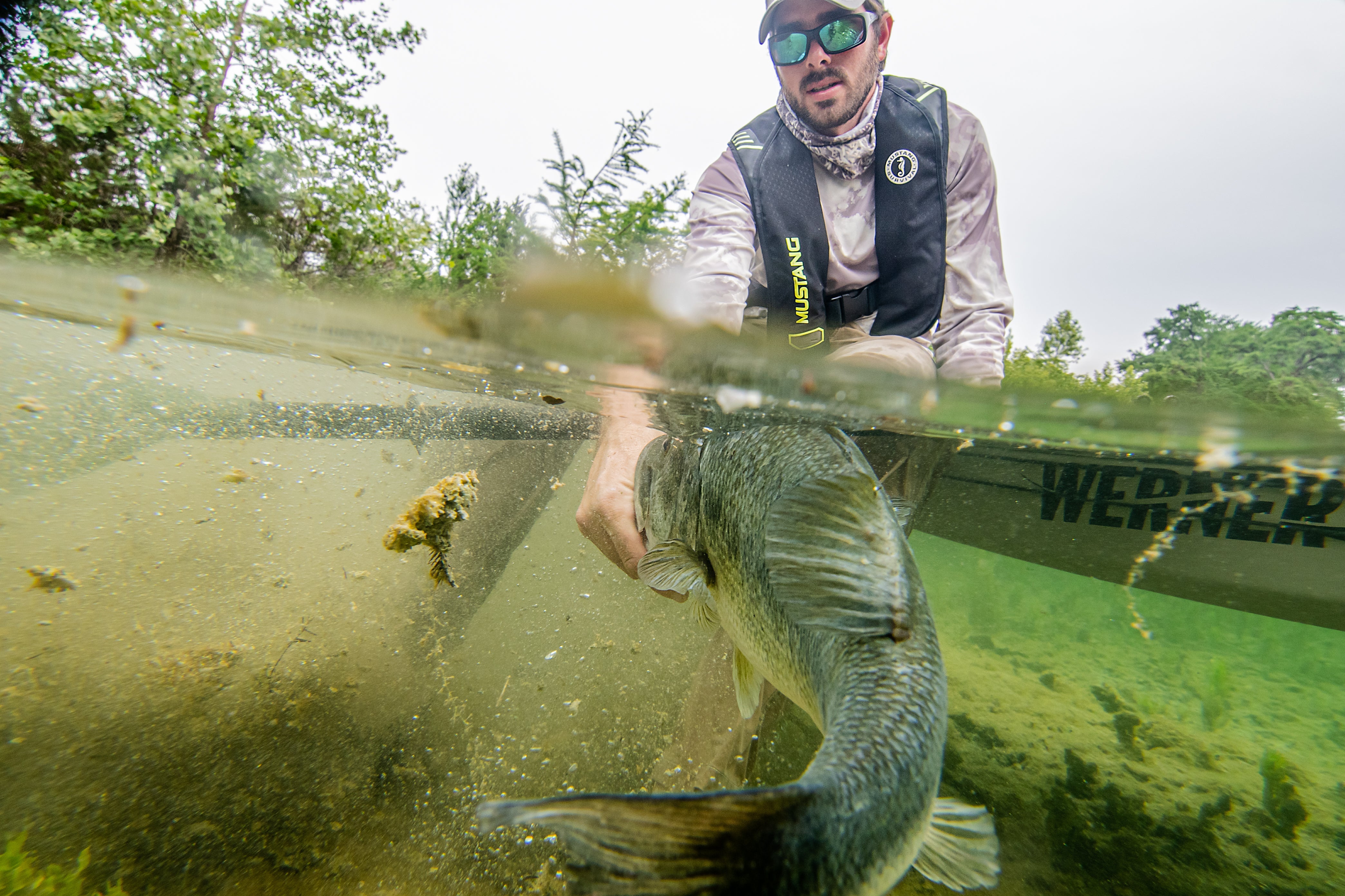 Man wearing Mustang Survival gear, getting a bass into the water during a freshwater bass fishing trip, captured in a half-above, half-below water perspective.