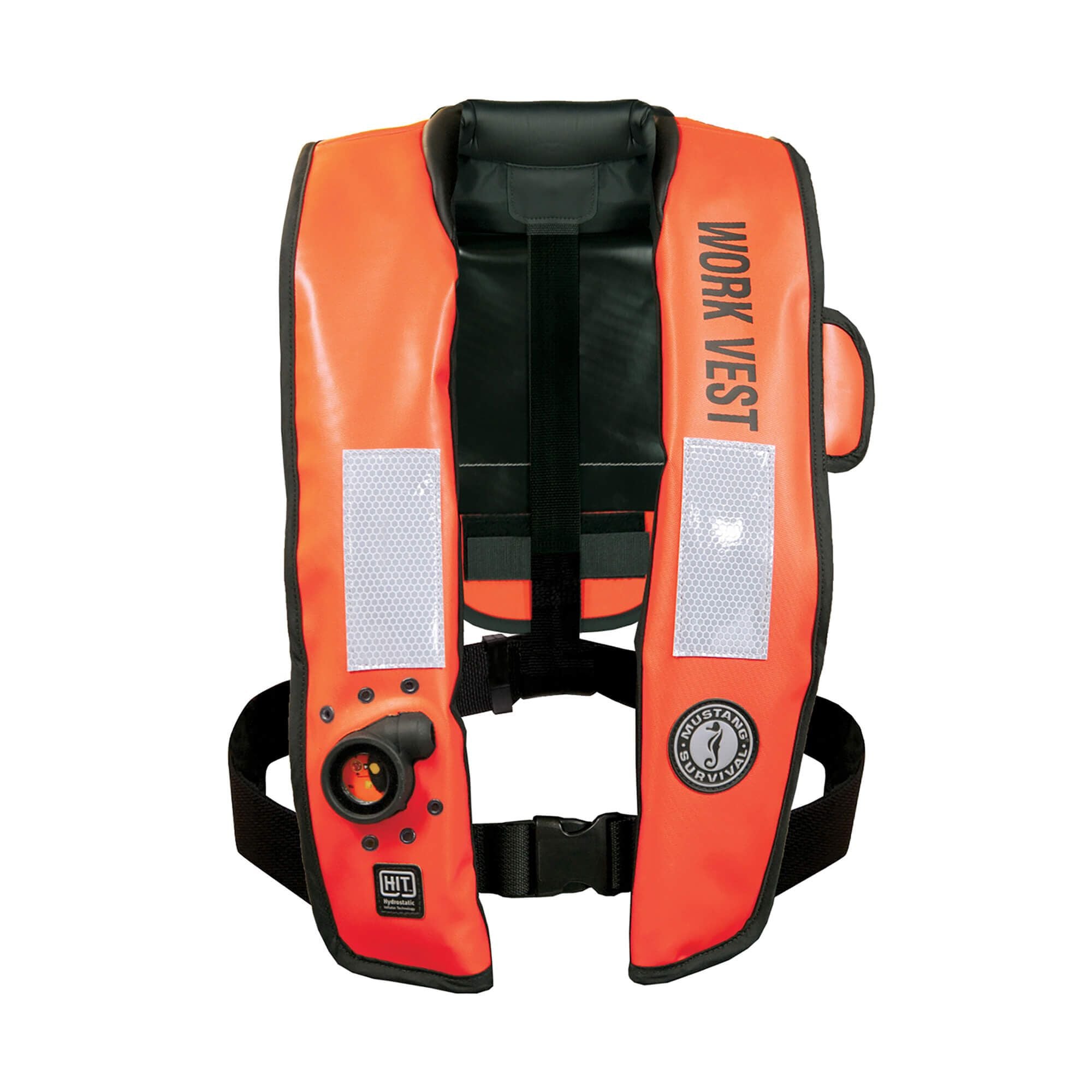 orange hydrostatic inflatable work life vest by Mustang survival