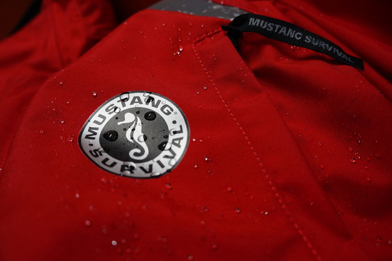 Mustang Survival Logo on Red Waterproof Material