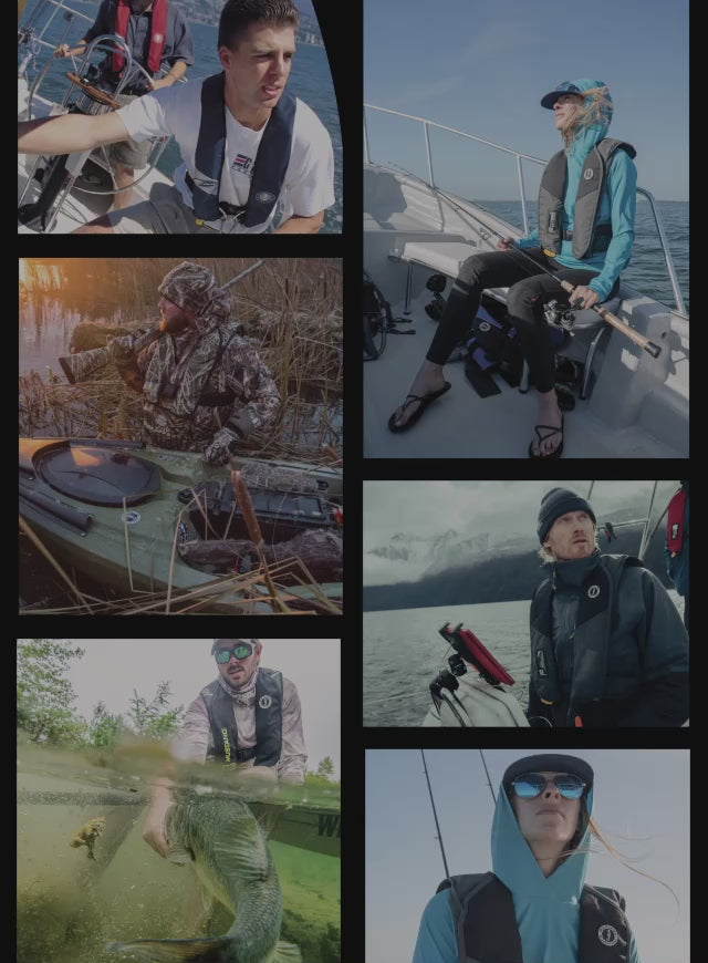 Slideshow of various users of the mustang mit inflatable pfd, such as anglers, hunters, sailors, kayakers, and soldiers.