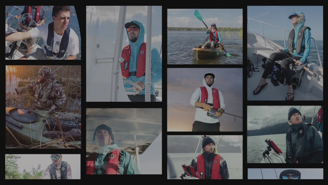 Slideshow of various users of the mustang mit inflatable pfd, such as anglers, hunters, sailors, kayakers, and soldiers.